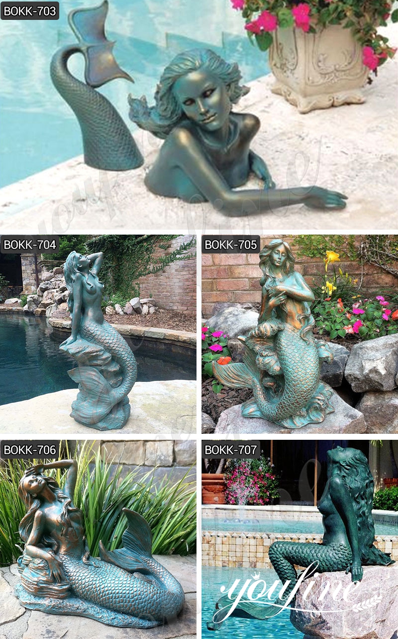 Romantic Bronze Mermaid Statues Standing Seaside Decoration